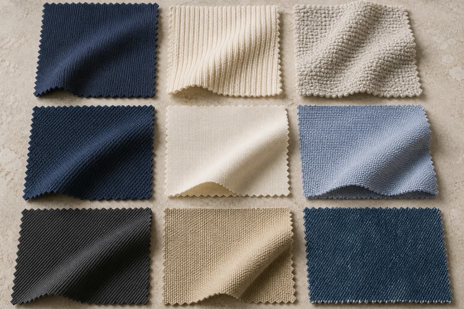 Knit, woven, canvas and denim fabric construction swatches