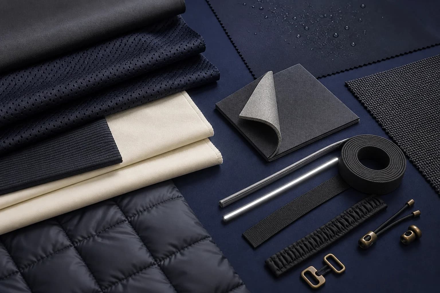 Performance fabrics, mesh, quilted material, elastic and reflective components
