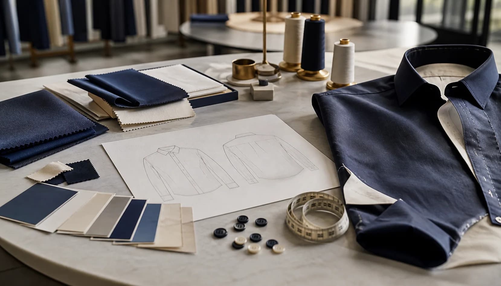 Apparel development table with fabric swatches, technical sketch and shirt sample