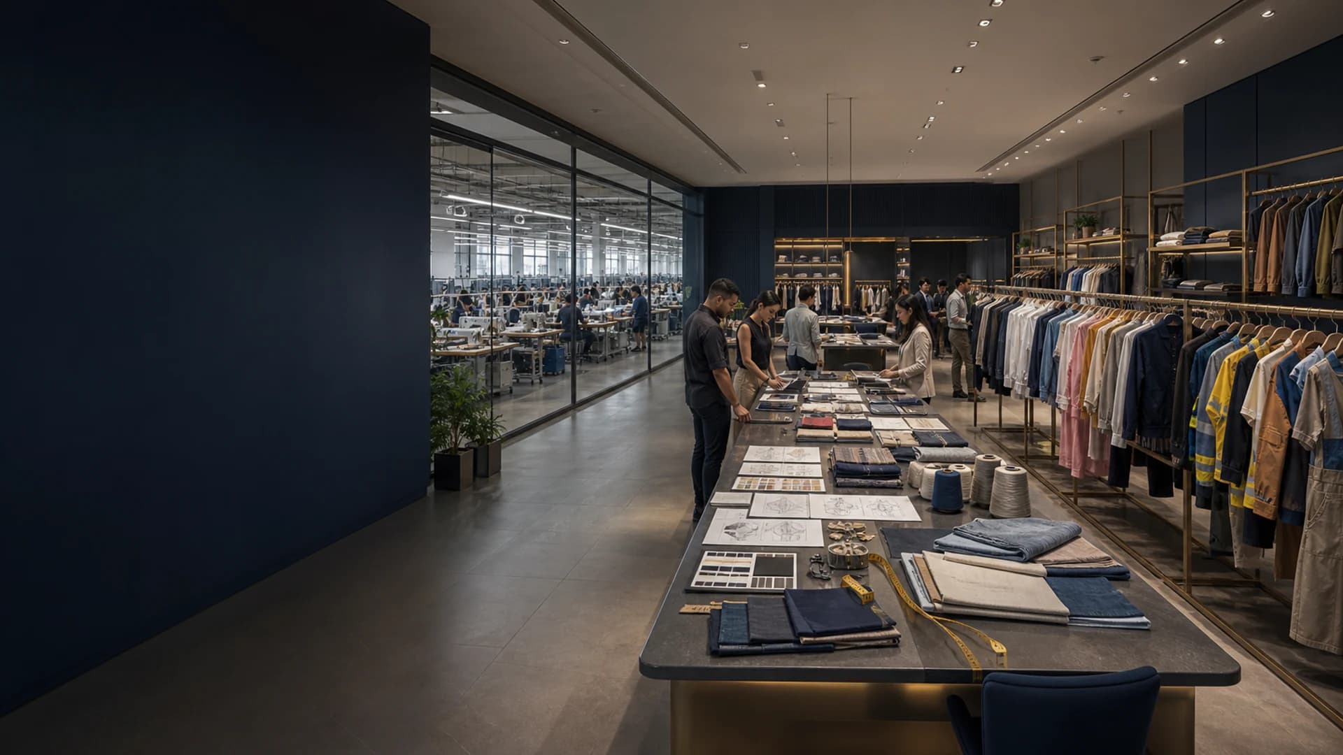 Tivelin apparel buying house showroom, development team and garment production floor